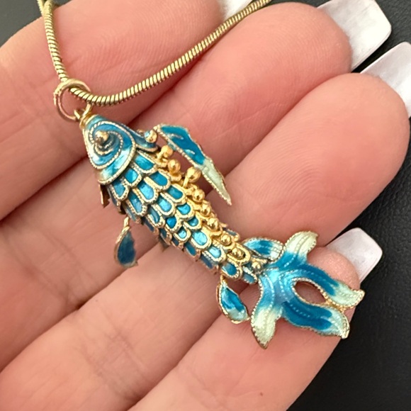 Jewelry - Cloisonné Articulated Koi Fish Pendant With Blue Enamel Necklace
